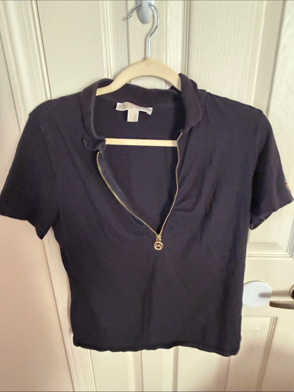 Michael Kors Black Short Sleeve Zip Polo Top with Gold Pull